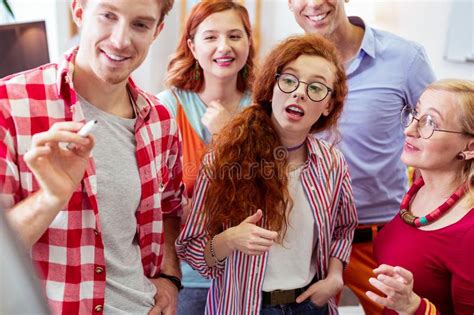 Pleasant Red Haired Girl Expressing Her Ideas Stock Photo Image Of