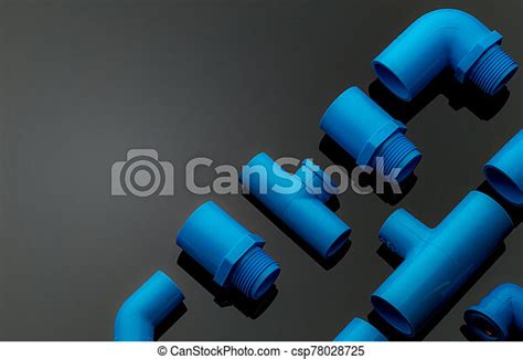 Set Of Blue Pvc Pipe Fittings Isolated On Dark Background Blue Plastic Water Pipe Pvc