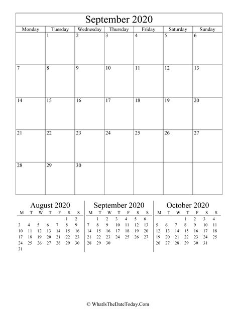 September 2020 Editable Calendar Vertical Layout Whatisthedatetodaycom