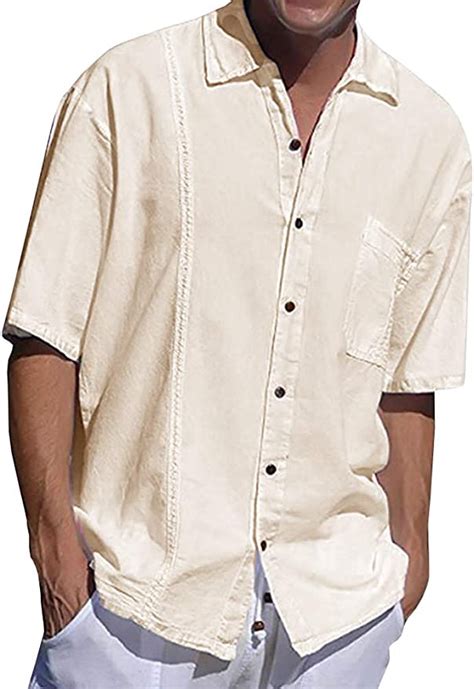 mens linen short sleeve shirt casual button down cuban guayabera shirts summer beach loose fit