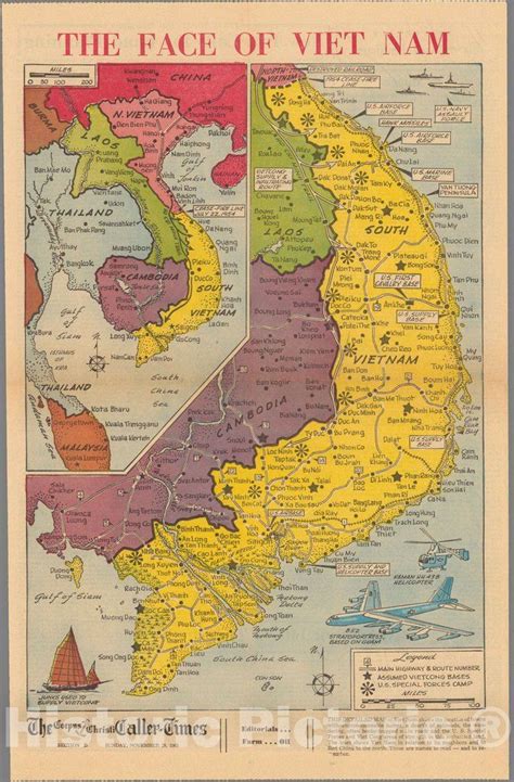 Historic Map Newspaper Map Face Of Vietnam 1965 Vintage Wall Art