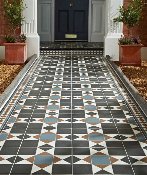 You can choose a pattern that complements your cabinetry and paint colors or go with something bold and create a dramatic talking point. Grosvenor™ Black/Blue Tile | Garden tiles, Victorian front ...