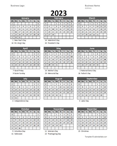 2023 Yearly Business Calendar With Week Number Free Printable Templates