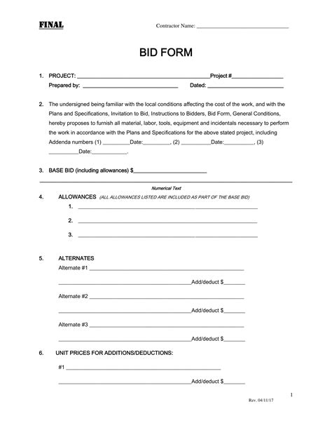 Bid Forms Template For Your Needs