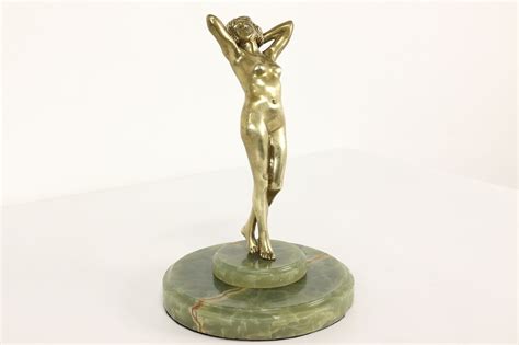 Art Deco Bronze Statue Antique Nude Woman Sculpture On Onyx Base