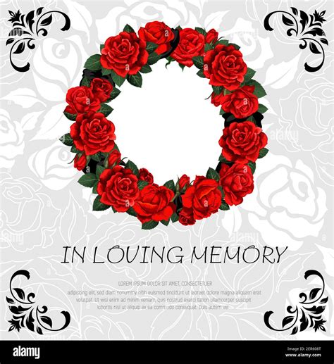 Funeral Vector Card With Red Rose Sketch Flowers Wreath Obituary Frame With Engraved Floral