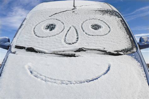 Snow Covered Car With Smiley Stock Photo Image Of Blue Happy 64790382