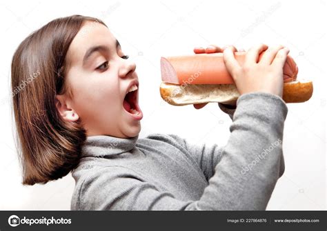 Hungry Girl Open Mouth Giant Bread Sausage Sandwich White Background