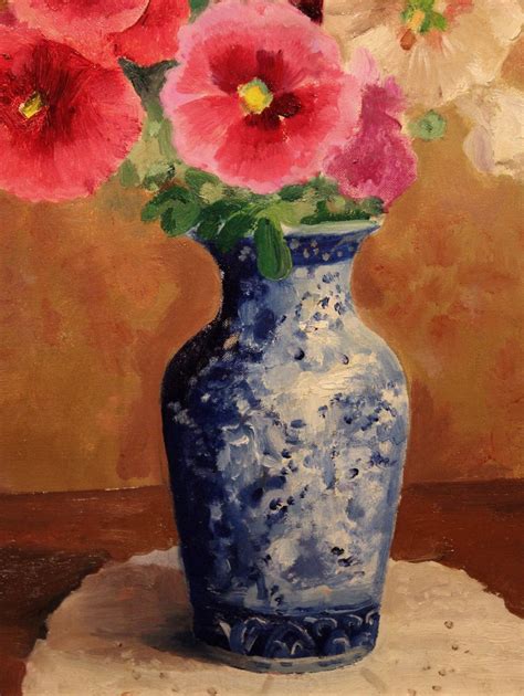 Randall Vernon Davey Oil Painting Still Life Flowers In Blue Vase From