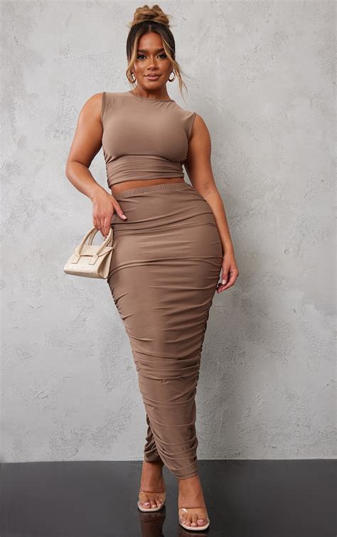 Shape Taupe Slinky Ruched Midaxi Bodycon Skirt Prettylittlething Usa