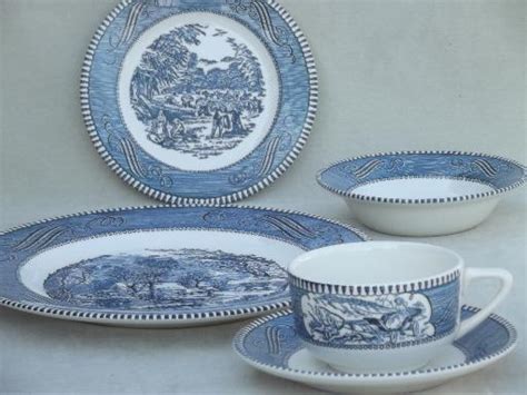 Vintage Currier And Ives Blue And White China Dishes