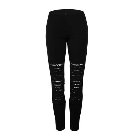 Women Stretch Skinny Black Pant Lace Patch Casual Pants High Waist