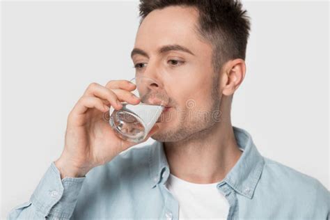 Thirsty Caucasian Man Drink Pure Mineral Water From Glass Stock Image Image Of Control Glass