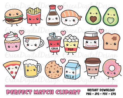 Perfect Match Kawaii Clipart Set Cute Food Clip Art Friendship Etsy
