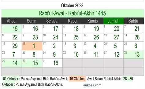 Kalender Hijriyah Bulan Oktober 2023 Dan Jadwal Puasanya