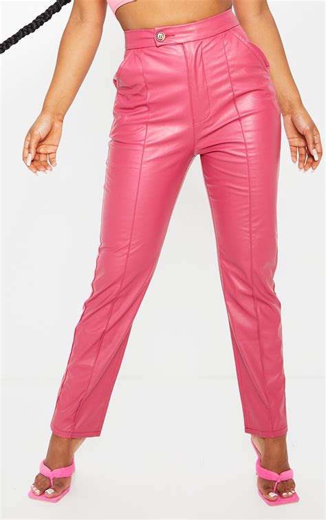 Hot Pink Faux Leather Pintuck Straight Leg Trousers Prettylittlething Usa