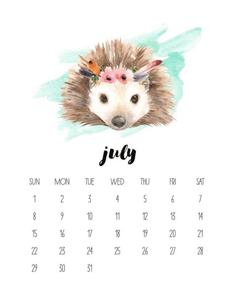 printable  watercolor animal calendar