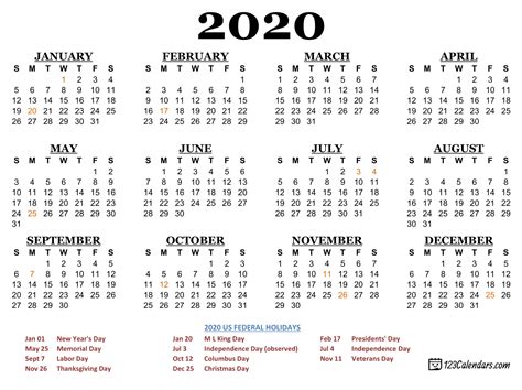 Free Printable Yearly Calendar 2020 With Holidays Calendar Templates