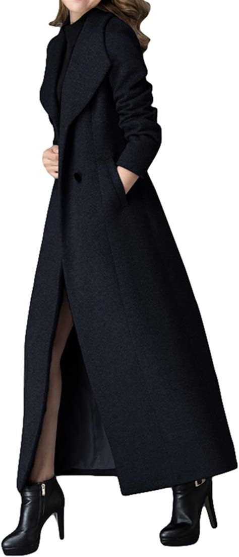 Plaer Womens Cashmere Coat Long Trench Coat Black Woolen