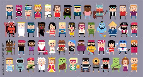 Set Of Cartoon Pixel Characters Vector Illustration In Pixel Art 8 Bit