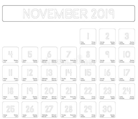 Calendar Of The Month Of November 2019 Stock Vector Illustration Of