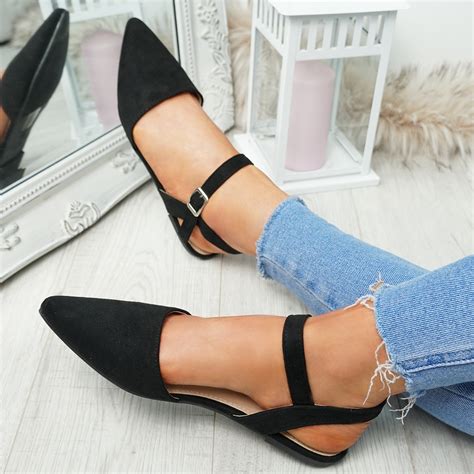 Womens Ladies Ankle Strap Pointed Ballerina Pumps Flats Summer Shoes