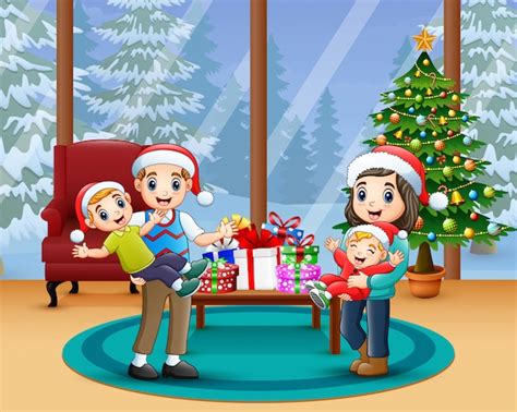 Familia Feliz Celebrando Una Navidad En Casa Vector Premium