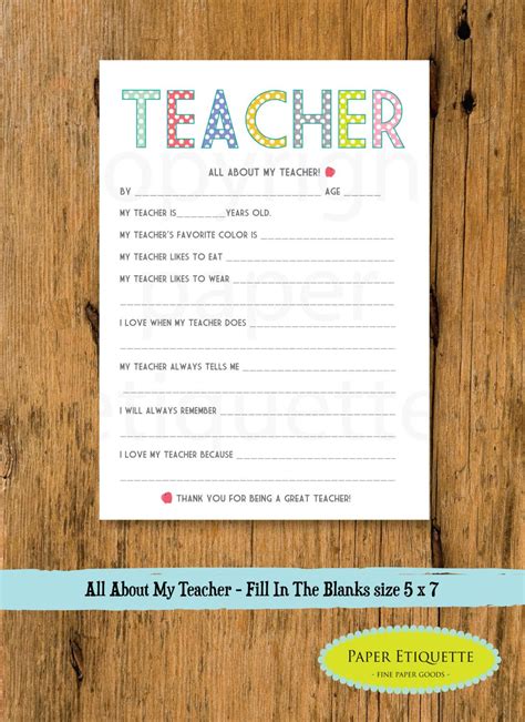 All About My Teacher Printable Teacher Appreciation End Of Etsy