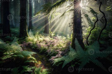 Ai Generated Misty Forest Glade With Rays Of Sunlight Filtering Through