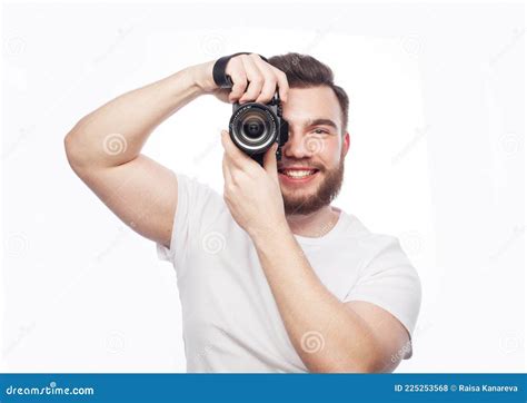 Handsome Photographer Taking Picture With Digital Camera Stock Photo
