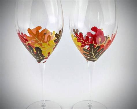 Painted Fall Leaves Wine Glasses Set Of Two Colorful Fall Etsy Themed Wine Glasses Painted