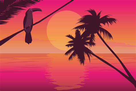 colorido atardecer en la isla tropical hermosa playa oceánica con ilustración de palmeras