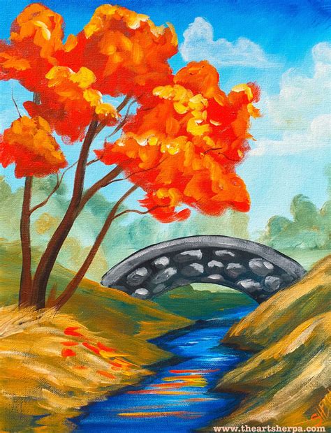 Fall Landscape With Stream And Stone Bridge With Stream In Acrylic