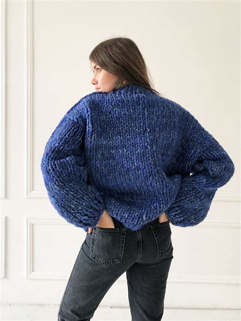 Thick Wool Sweater Oversized Blue Chunky Knit Sweater Women Etsy