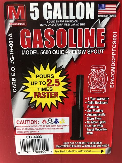 Midwest Can 5600 5 Gallon Gas Can Spill Proof 8174093 New Ebay