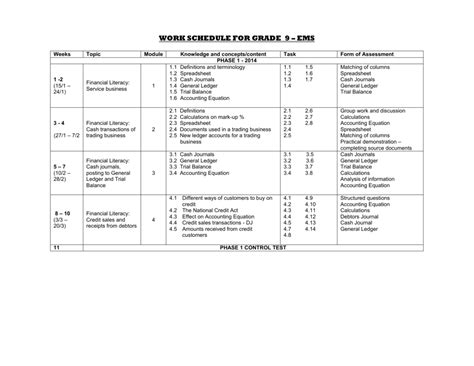 Work Schedule For Grade 8 Ems