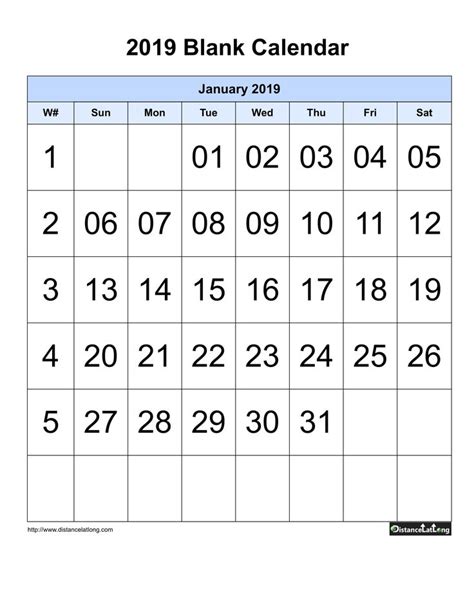 A Blank Calendar For The Year 2019