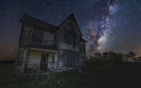 Nature Landscape Abandoned House Starry Night Milky Way Galaxy