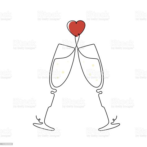 One Line Drawing Of Two Glasses With Champagne And Heart Stock Illustration Download Image Now