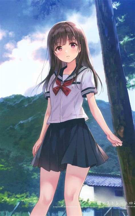 Download 1600x2560 Anime Girl Brown Hair School Uniform Sky Clouds