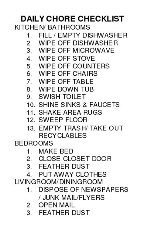 daily chores checklist household chores chart chore chart household chores