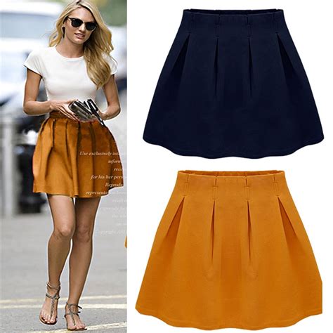 Hot Ladies Pleated Skirt Women 2015 New High Waisted Skater Skirts Short Pleated Fashion Navy