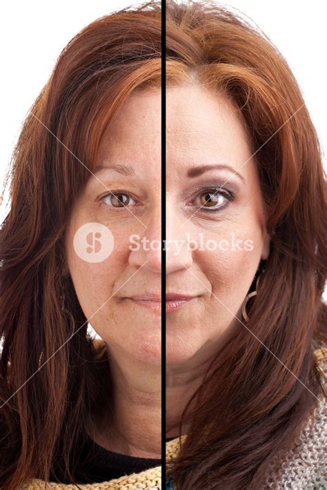 Before And After Makeup On A Middle Aged Italian German Brunette Woman