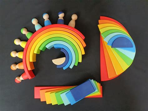 Wooden Rainbow Stacking Toy Set 34 Pieces Rainbow Building Etsy