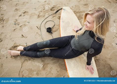 Smiling Beautiful Blond In Wet Suit With Surfboard At Beach Stock Photo Image Of Copy Summer