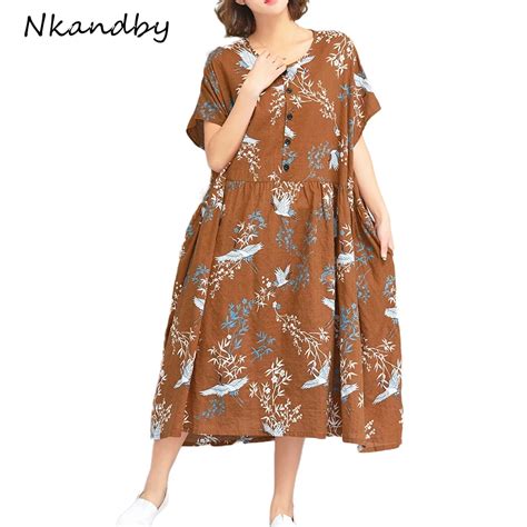 Nkandby Women Plus Size Clothing Vintage Prairie Chic Print Button Empire Casual Loose Short
