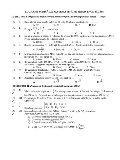Teza Matematica Clasa A 7 A Semestrul 2 Pdf