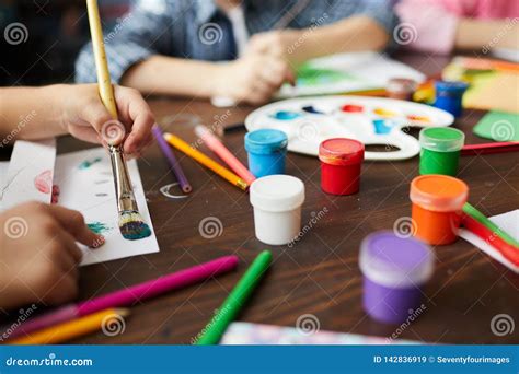 Closeup Of Children Painting In Art Class Stock Image Image Of Artist