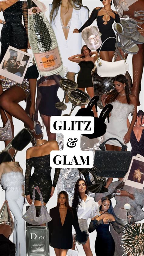 A Collage Of Women In Black And White Outfits With The Words Glitz