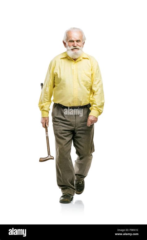 Happy Old Active Bearded Man Walking Without Using His Cane Isolated On White Background Stock